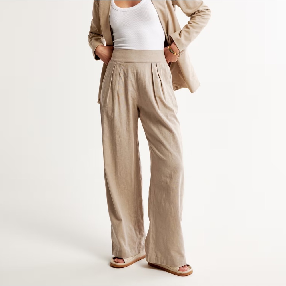 Abercrombie & Fitch Wide Leg Linen-Pants in Beige